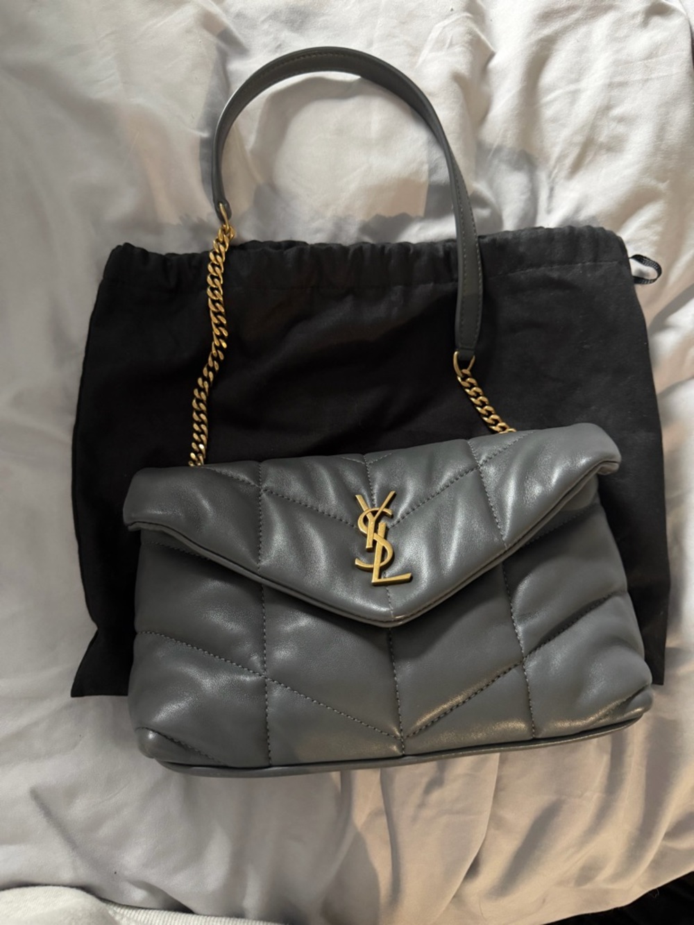 Saint Laurent Grey Quilted Loulou Shoulder Bag with Gold Hardware